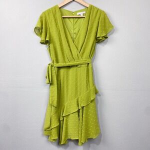 Chelsea 28 Swiss Dot Ruffle Wrap Dress Sz XL Green Flutter Sleeve Mini Glam Boho